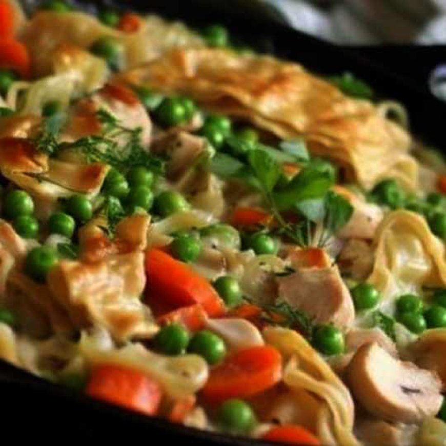 This chicken pot pie noodle dish is so good, we eat it every week in my family