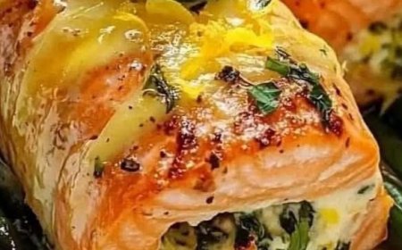 Herbed Cheese-Stuffed Salmon Rolls on Roasted Asparagus