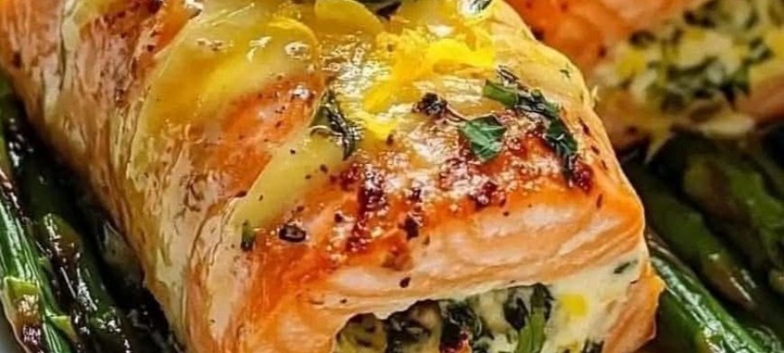 Herbed Cheese-Stuffed Salmon Rolls on Roasted Asparagus