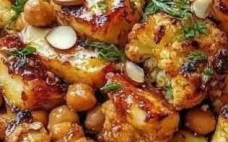Honey Curry Roasted Cauliflower with Grilled Halloumi and Crunchy Chickpeas