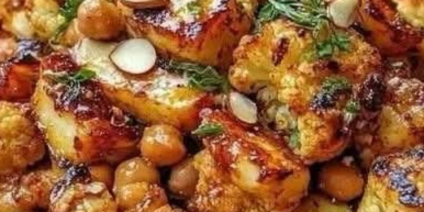 Honey Curry Roasted Cauliflower with Grilled Halloumi and Crunchy Chickpeas