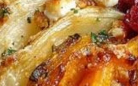 Layered Sweet Potato, Squash & Parsnip Bake with Cranberry-Honey Drizzle