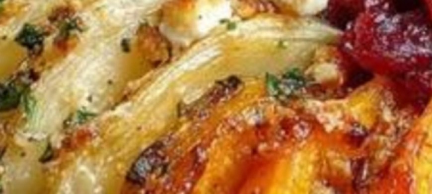Layered Sweet Potato, Squash & Parsnip Bake with Cranberry-Honey Drizzle